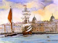 Greenwich and the Endeavour pen and watercolour